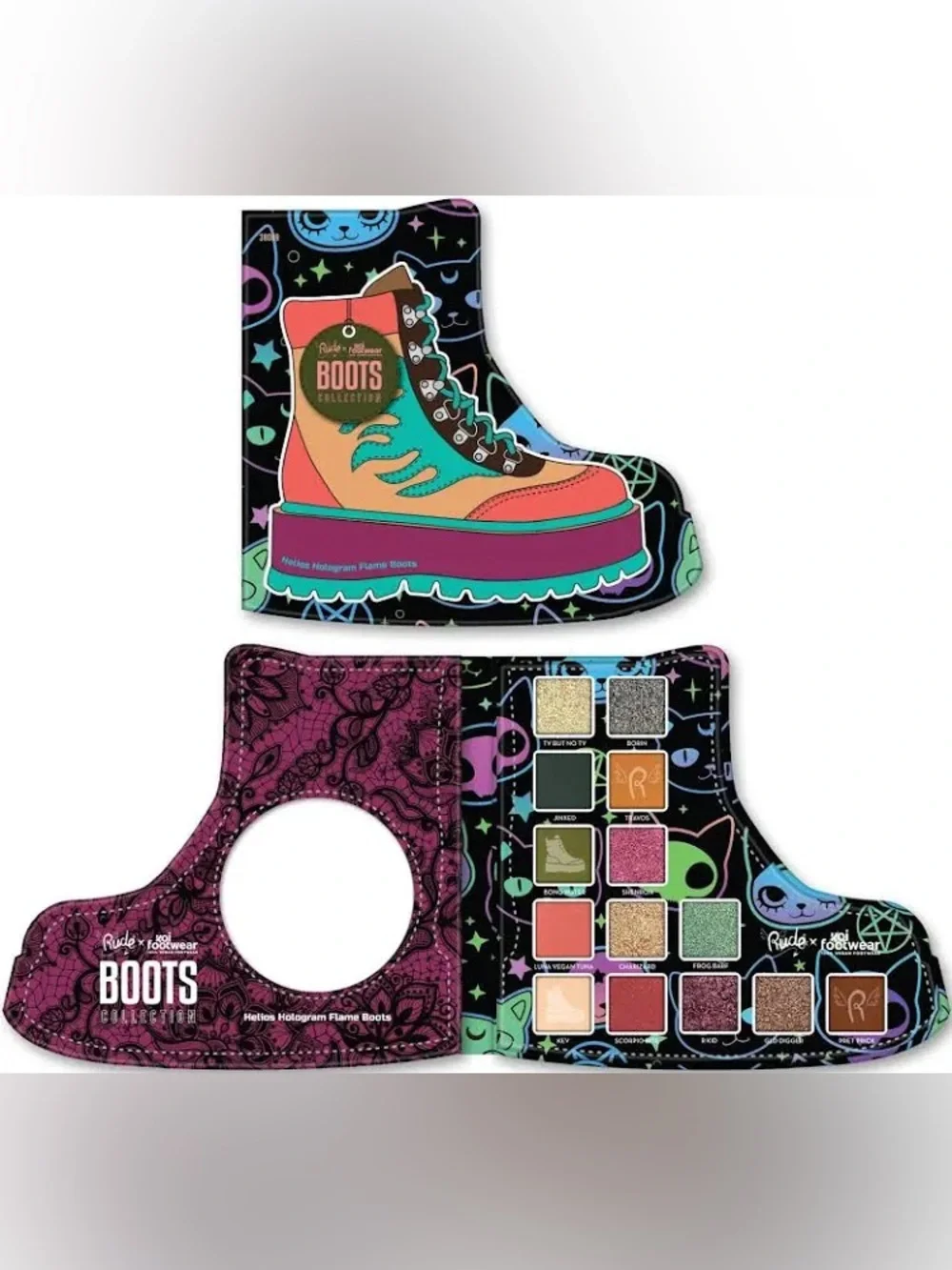Rude Cosmetics x Koi Footwear Hologram Flame Boot Collection Helios Eye Palette